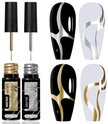 Metallic Gel Nail Polish Liner - 2 Colors Gold Sliver Liner Gel Polish - Art liner gel Nail Polish Set Soak-Off UV/LED - Nail French Tip Polish Kit For Home Salon Drawing Design Nail Art