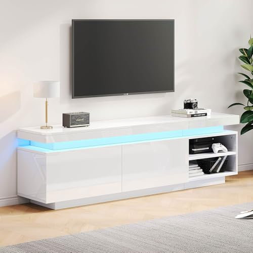 Sweiko Meuble TV moderne blanc brillant - Éclairage LED intégré - Espace de rangement pratique et gestion des câbles - Pour téléviseurs jusqu'à 75