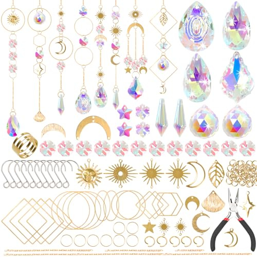 Sonnenfänger DIY-Set, 200 Stück Kristall Bastelset für Erwachsene, Windspiel zum Basteln, Regenbogen Sonnen Mond Anhänger (Gold-200PCS)