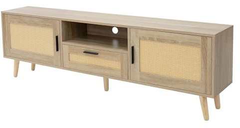 ML-Design Mueble Bajo para TV 160x50,5x30 cm Cómoda Rústica de Madera con 2 Puertas y 1 Cajón Tablero de Diseño de Roble y Ratán, Armario con Patas para Salón, Comedor Apto para TV hasta 70 Pulgadas