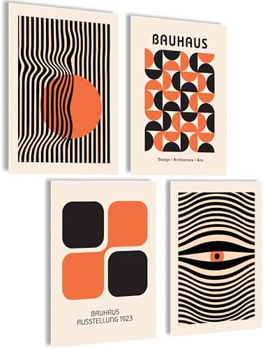 mojoliving Vintage Poster Set 4x A4 (21x30cm) | ohne Rahmen - Bauhaus Black Orange - Wanddeko für Wohnzimmer, Schlafzimmer, Küche, Badezimmer