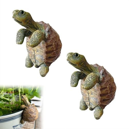 2Pcs Tortoise Figure Plant Decorations for Pots,Cute Climbing Tortoise Flower Pot Hanger Figurines Planter Pot,Resin Turtle Statue Plant Pot Hanger for Yard Garden Vase Pot Decor