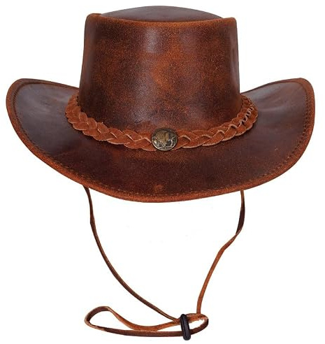 URBAN 5884 Cowboyhut aus echtem Leder, Western-Hut aus Rindsleder mit Verstellbarer Krempe und Kinnriemen