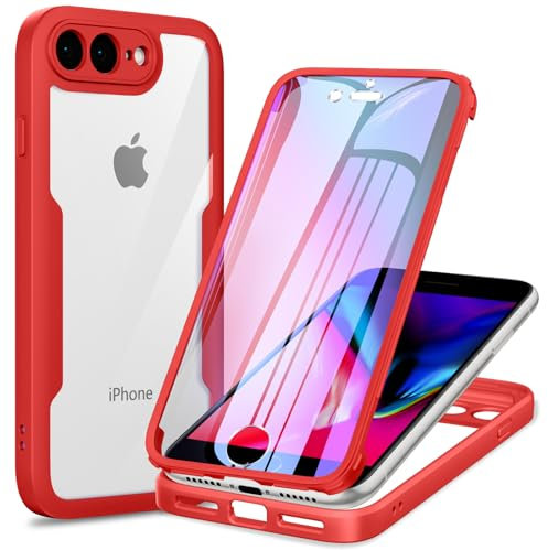 Phoona für iPhone 8 Plus/iPhone 7 Plus Hülle, 360 Grad Robust Stoßfest Schutzhülle mit Eingebautem Displayschutz, Case Transparent Panzerhülle Handyhülle für iPhone 8 Plus/iPhone 7 Plus, Rot