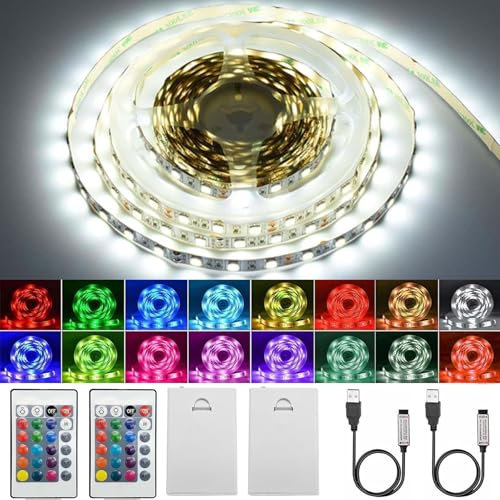 2 Stück LED Streifen Batterie,1M RGB 5050 LED Strip Batteriebetrieben oder USB Batteriebetrieben,Ferndimmbar 16-Farben,LED Strip mit Fernbedienung für Schränke,Treppen, Küche, Betten