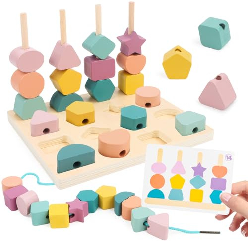 Yooyan Montessori Spielzeug ab 3 4 5 Jahre, Steckspiel Fädelspiel Bausteine, Holz Stapelspiel, Sortierspiel Lernspiele Geschenk für Baby Jungen Mädchen