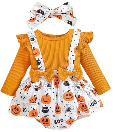 MaNMaNing Disfraz Bebe Halloween Body Falda Volantes Calabaza Lazos Diadema para Bebé Niña Algodón Confortable Ropa Elegante Vestido Fiesta 3M-1Año