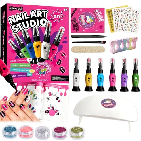 Nagellack für Kinder, Geschenk Mädchen 5-12 Jahre, 3-in-1 Nagellackstift Nageltrockner Set mit 6 Farben, Ungiftiges Nagelstudio-Set für Mädchen ab 5 Jahren, Geburtstagsgeschenk für Kinder