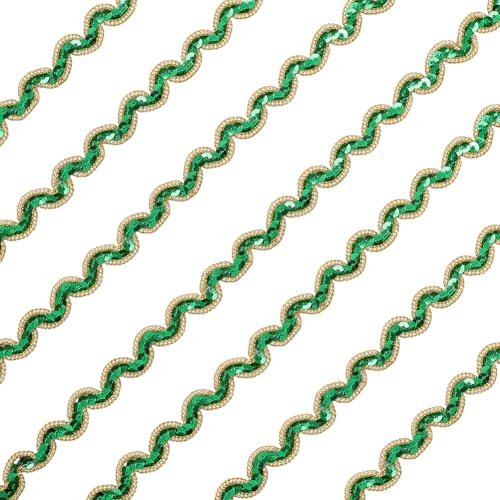 CABODYALS 13 m 12mm Weihnachtliches Pailletten Wellenband Grün Goldene Glitzerbänder Goldfarbener Bling Paillettenrand Gewellter Vintage Polyesterbesatz Zum Nähen Herstellen von Kleidung Kleidern Par