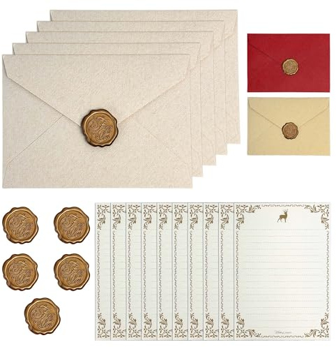 ZSSZD Vintage Briefpapier mit Umschlag Set, 5 Leinenumschlag Umschläge & Selbstklebend Wachssiegel Aufkleber, 10 A5 Briefpapier Liniert für Liebesbrief Geburtstag Hochzeits Einladung Grußkarten