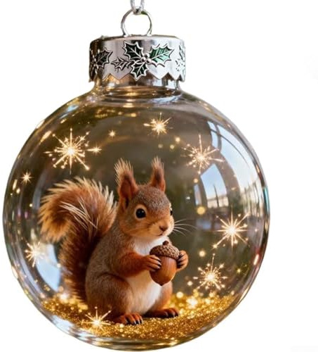 HanOaki Glas-Weihnachtsdekoration, 3D-Tier-Wildtier-Kugel, handgefertigt, hängende Dekoration, Sternakzente für Baumkranz, Winterurlaub, Zuhause, Tierliebhaber, Dekoration, 7 cm (Eichhörnchen)