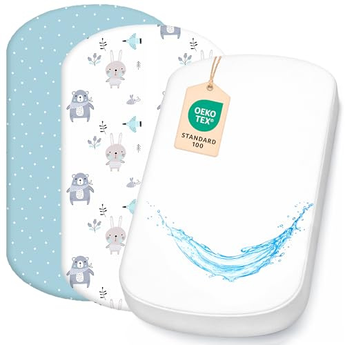 Lovely Hippo 2X Spannbettlaken Kinderwagen 100% Baumwolle + 1X Wasserdichter Matratzenschoner – 3er Set 40x80– Für Stubenwagen & Kinderwagen - Oeko-Tex (Blaue Tiere, 43 x 83 cm)