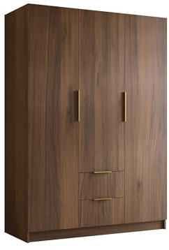 Mirjan24 Kleiderschrank Conate I 150, Schrank, Garderobe, Organizer, 3-türig, 2 Schubladen für mehr Stauraum, Aluminiumgriffe, gedämpftem Schließsystem (Nuss Warmia + Gold)