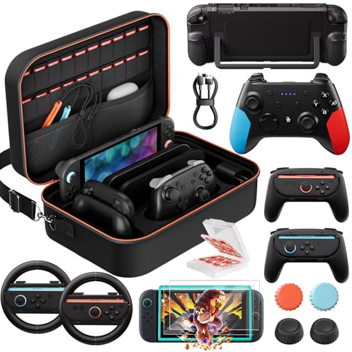 Switch 2 Pro Controller Accessories Bundle for Nintendo Switch 2, 15-in-1 Carrying Case Kit with Dockable Cover, Screen Protectors, Joy-Con Grips, Steering Wheels, Thumb Grips & Game Card Case