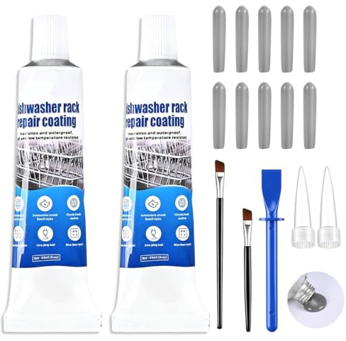2 x 50ml Rostschreck für Spülmaschine Grau,Rostfrei,Hitzebeständig | Spülmaschinenkorb Rost Reparatur+10 Geschirrkorb Schutzkappen, Geschirrspüler Korb Reparatur Gummi, Oxidationsbehandlung