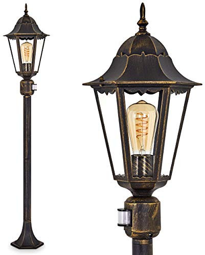 Außenleuchte Hongkong mit Bewegungsmelder, Stehleuchte in antikem Look, Aluguß in Braun/Gold mit Klarglas-Scheiben, Wegeleuchte 122 cm, Retro/Vintage Gartenlampe, E27, IP44, ohne Leuchtmittel