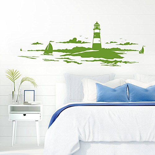 Grandora Skyline Küstenlandschaft Leuchtturm I gelbgrün 90 x 30 cm I Bad Wohnzimmer Schlafzimmer Aufkleber Wandaufkleber Wandsticker Modern W974