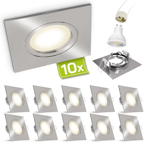 linovum 10 Stück LED Einbaustrahler Set eckig Edelstahl Optik gebürstet für 230V mit 3W GU10 Leuchtmittel neutralweiß 4000K inkl. Fassung