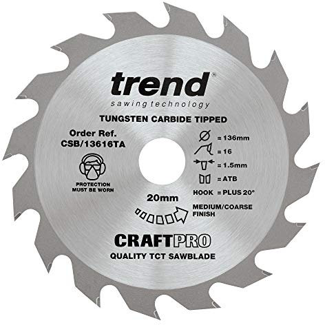 Trend CSB/13616TA Lame de scie circulaire pour bois sans fil Diamètre 136 mm alésage 20 mm 16 dents Trait de scie circulaire 1,5 mm Crochet +20°
