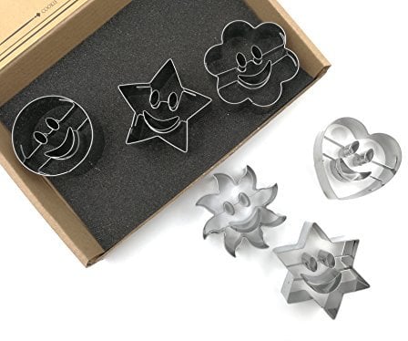 JOKUMO Smiley Keksausstecher Set - 6 Stück hochgradiges 430 Edelstahl - Kreis, Sonne, Blume, Hexagon, Stern und Herz