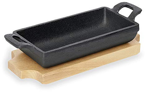 WAS 3534 180 Serie 201 Gusseisen Mini Servierpfanne mit Holzuntersetzer, 18.0cm x 9.5cm x 3.0cm