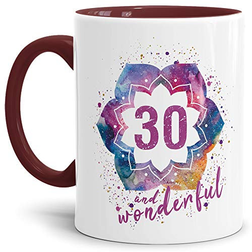 Geburtstags-Tasse 30 and Wonderful Geburtstags-Geschenk zum 30. Geburtstag als Geschenkidee für die Frau/Abstrakt/Bunt/Kaffeetasse/Innen & Henkel Weinrot