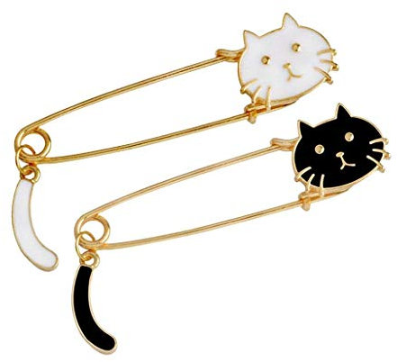 Sitrda 2 pcs Chat en émail Broche Grande Épingle à nourrice Bijoux Femme Blanc Noir