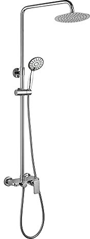 Columna de ducha monomando extralarga redonda modelo DUA con repisa integrada. Tubo extensible regulable en altura de 100 a 150 cm. Ducha para hidromasaje y rociador redondos. Recambios garantizados