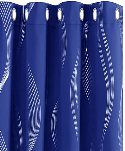 Deconovo Cortinas Opacas Diseño Líneas Onduladas Plateadas para habitación con Ojales 2 Piezas 140x245cm Azul Oscuro