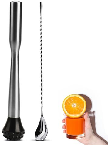 LEGERM Stainless Steel Cocktail Muddler with 1 Cocktail Mixing Spoon, Fruit Ice Crusher for Making & Creating Delicious Mojitos, Old Fashioned Cocktail Muddler for Home Kitchens, Bars, and Restaurants