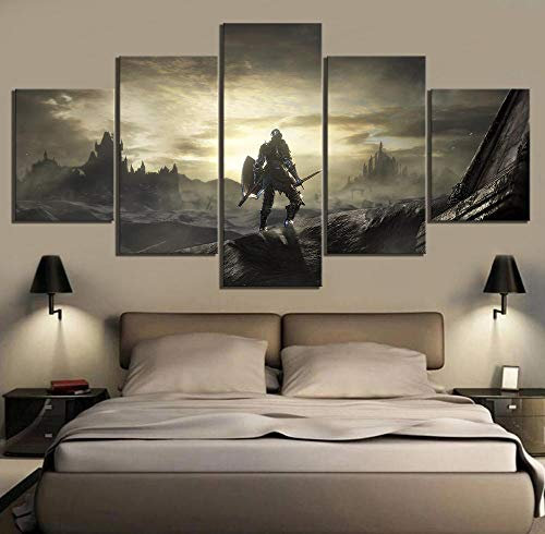 VENDISART,Leinwanddrucke,Modulare Wandkunst Wandaufkleber,5 Teiliges Wandbild,Dark Souls 3-Spielszene,Mit Rahmen,Größe:M/B=150Cm,H=80Cm