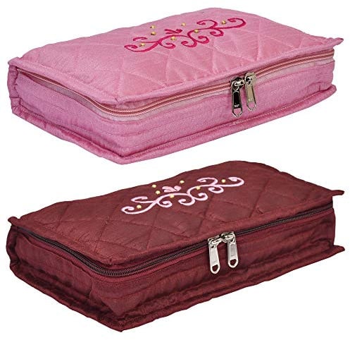 Kuber Industries Schmuckbeutel mit Stickerei-Design, Satin, Kastanienbraun und Rosa, 2 Stück