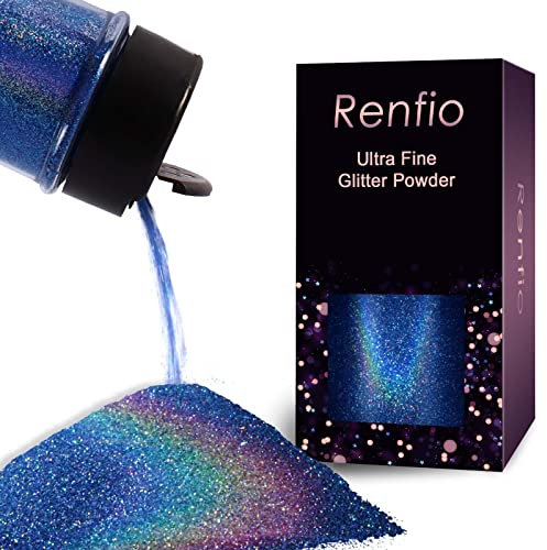 Renfio Holographic Ultra Fine Glitter Powder Metallic Resin Glitter 2.11 Oz (60g) PET Flakes Crafts Sequins 1/128 0.008 0.2mm Epoxy Chips Flakes for Tumblers Slime - Laser Ocean Blue