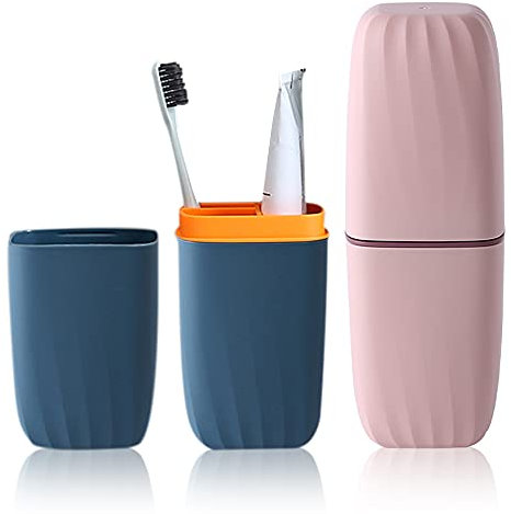 2PCS Tasse de Brosse à Dents de Voyage, Porte-gobelet de Lavage en Portable, Organisateur de Porte-Brosse à Dents et Dentifrice pour l'école de Camping de Voyage en Plein air (Bleu + Rose)