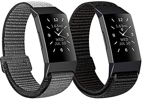 KIBDSNG 2 Stück Armbänder kompatibel mit Fitbit Charge 4/Charge 3/Charge 3 SE, weiche, leichte Nylon-Armbänder, Sport-Ersatzbänder für Herren und Damen (dunkelschwarz + eisernes Anker-grau)