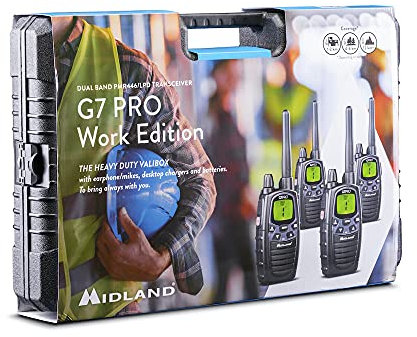 Midland G7 Pro PMR446 und LPD-Funkgeräte 4er Kofferset, C1090.19, mit VIBRACALL- und Freisprechfunktion, inkl. Duostandlader Duostandlader und MA 24 L Headsets schwarz 16 Kanäle