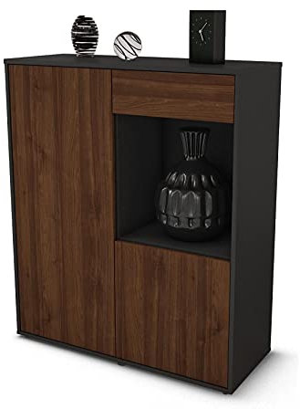 Stil.Zeit Highboard Lena, Korpus anthrazit matt, Front Holz-Design Walnuss (92x108x35cm), Push-to-Open Technik & Leichtlaufschienen