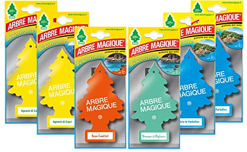 Arbre Magique Mono, Profumatore Auto, Variety Pack 4, Agrumi di Capri X2 + Ibiza Cocktail + Brezza di Mykonos + Aria di Portofino X2, Durata fino a 7 Settimane, Made in Italy, Confezione da 6 Pezzi