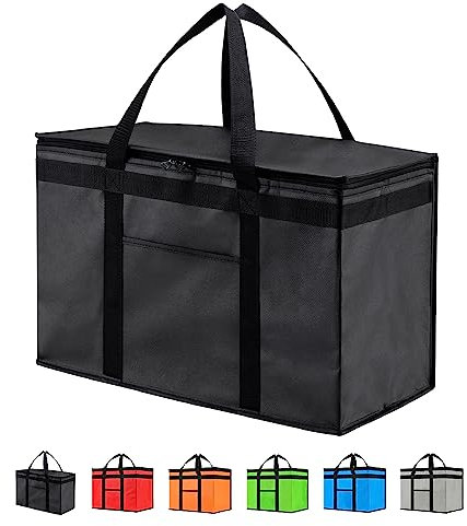 Insulated Cooler Bag and Food Warmer (XXL, 2 Pack) for Delivery & Grocery Shopping with Zippered Top, Black