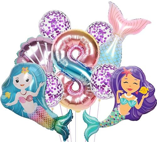 Aapxi Meerjungfrau Luftballons set 8 Jahr - Meerjungfrau Kindergeburtstag deko 9 Stücke xxl Folienballon,Geruchloser Heliumballon der Lange Zeit Schwimmt Geburtstag Dekoration Ballon Mädchen