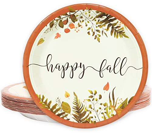 Whaline 24Pcs Thanksgiving Happy Fall Paper Plates 9 Inch Autumn Leaves Disposable Plates Fall Harvest Theme Plates for Holiday Wedding Birthday Party Dinner Tableware Supplies