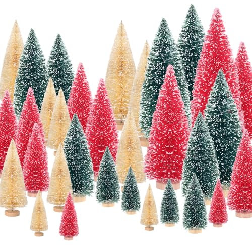 30 Stück Flaschenbürste Bäume Weihnachten, Rot Blau Gelb Miniatur Weihnachtsbaum, Mini Weihnachtsbaum 1,8/2,6/3,4/3,9 Zoll (Rot/blau/beige)