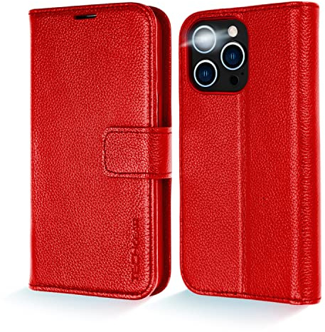 TECHGEAR Wallet Case for iPhone 14 Pro, Genuine Leather Magnetic Flip [RFID Blocking] Case with Shockproof TPU Holder, Card Slots, Stand Folio Cover Compatible with iPhone 14 Pro 6.1 2022, Red