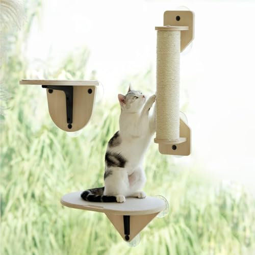 MEWOOFUN Katzenfenster Hängematte mit Kletterstufen und Kratzbaum, Holz Katzenfensterbett, montiertes Katzenbett für Hauskatzen (3-teiliges Set)