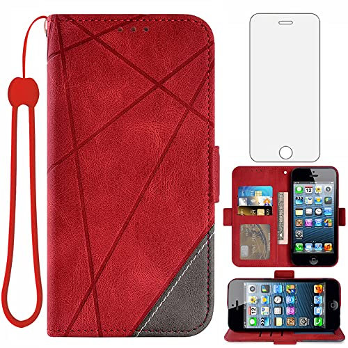 Asuwish Handyhülle für iPhone 5S/5/SE 2016 Hülle mit Glas Folie Schutzfolie Kartenfach Klappbar Leder Geldbörse Ständer i 5SE 1 S SE2016 1. Generation Handy Hüllen Schutzhülle Cover Phone Case Rot