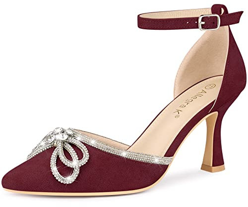 Allegra K Women's Rhinestones Bow Ankle Strap Stiletto Heel Pumps Burgundy 5 UK/Label Size 7 US
