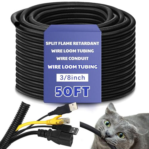 Kanayu Split Flame Retardant Wire Loom High Temperature Cable Conduit Split Cable Sleeves Loom Tubing Auto Wire Conduit for Industrial Electrical Automotive Marine(3/8''-50 ft,Black)