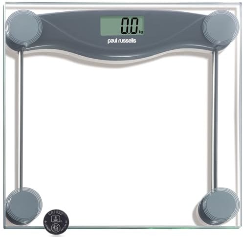 Paul Russells Digital Bathroom Scales, Bath Scales, Body Weight, Weighing Scale for Fitness with High Precision Sensors, Accurate Weight Machine for Humans (st/lb/kg) 28X28cm150KG Wide Platform GREY
