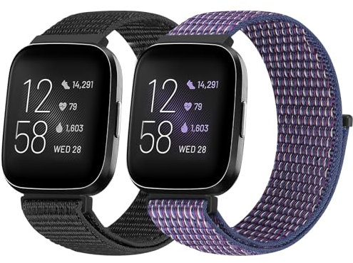 BTTNG Armband Kompatibel für Fitbit Versa 2/Fitbit Versa/Fitbit Versa Lite Armband für Herren Damen, Einstellbare Atmungsaktive Nylon Armbänder Sport Solo Loop Ersatzarmband (2 Stück)