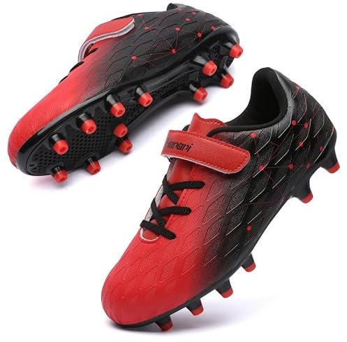 Fußballschuhe Kinder FG/AG Fussballschuhe Footballschuhe Jungen Mädchen Kids Kunstrasen Trainingsschuhe Soccer Schuhe Sportschueh Teens draußen Hallenfußball Indoor Outdoor Unisex Schwarz Rot EU37